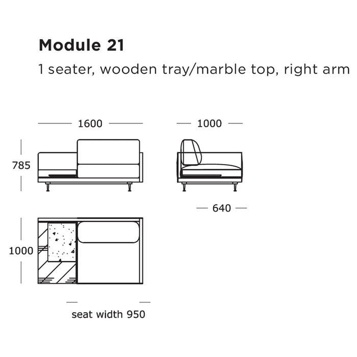 "Modern single-seater sofa design with wood tray and marble top, featuring neutral tones and sleek lines."