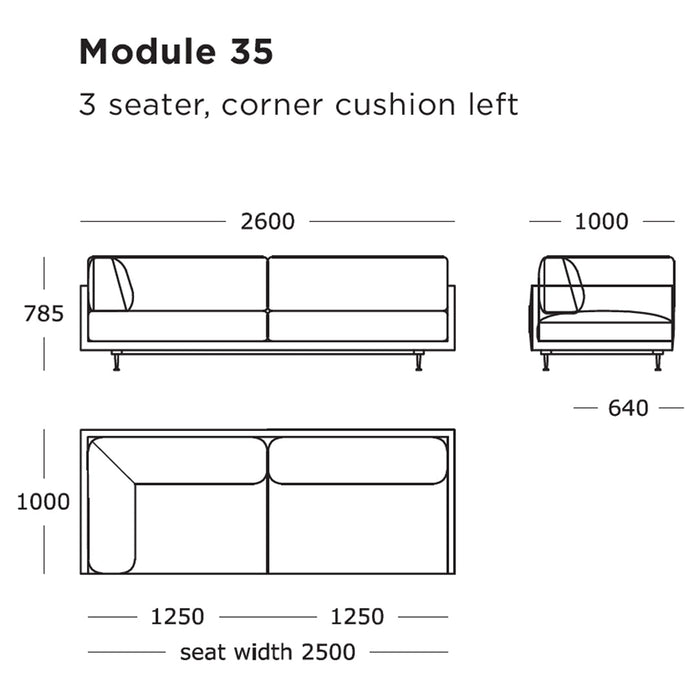 "Modern three-seater sofa in neutral tones with a sleek, minimalistic design and corner cushion detail."