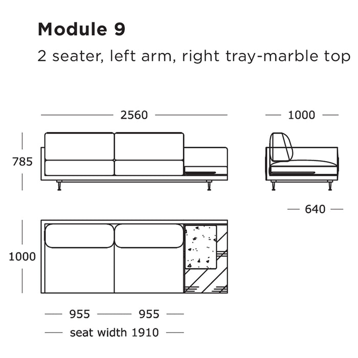 Stylish two-seater sofa with a minimalist design, featuring a marble-patterned tray and neutral color palette.