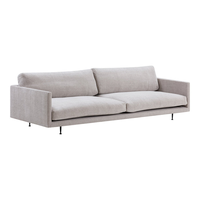 Light gray minimalist sofa with smooth upholstery and clean lines, perfect for contemporary living spaces.