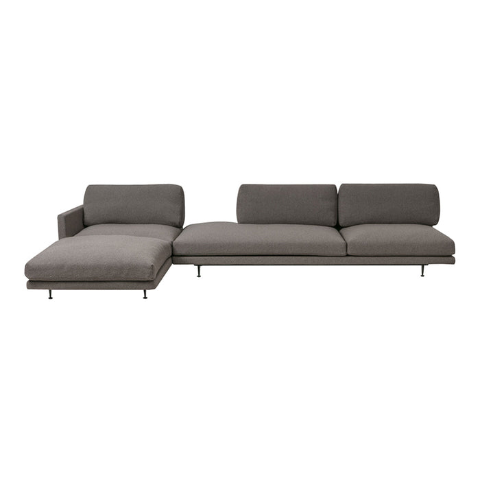 Modern gray sectional sofa with sleek lines and minimalist design for contemporary living spaces.