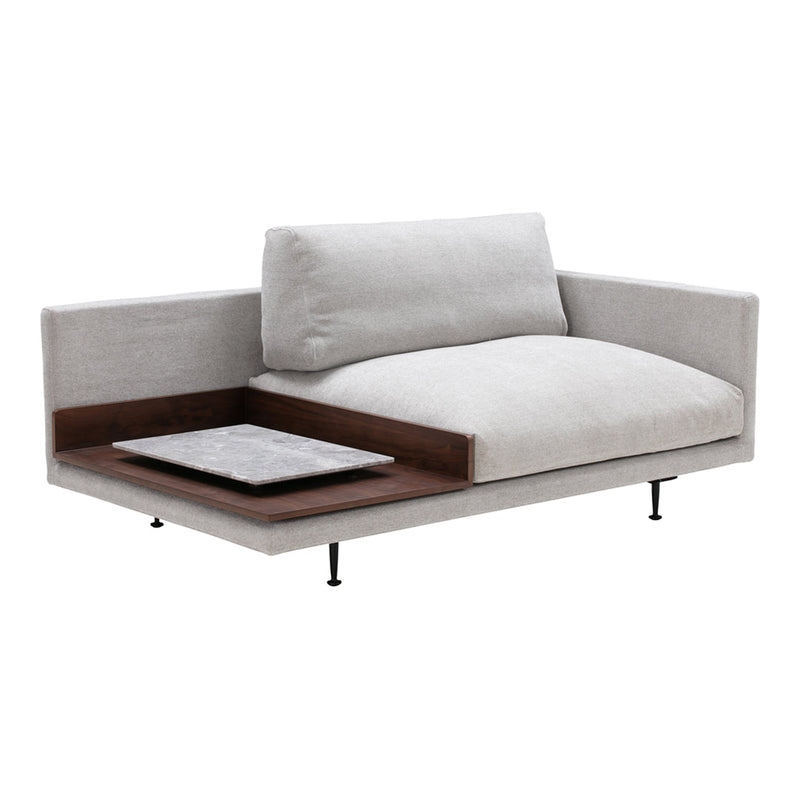 Modern light gray sofa with smooth fabric and minimalist wood accents, featuring a sleek rectangular design.