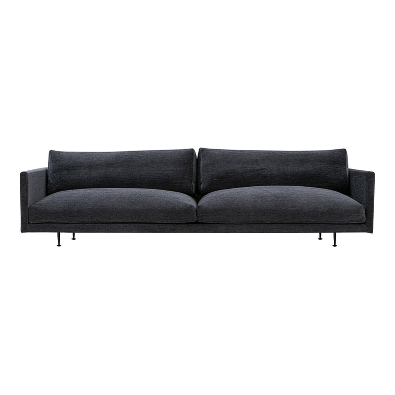 Soft black upholstered sofa with a sleek, minimalist design and smooth, even surface. Perfect for modern decor.