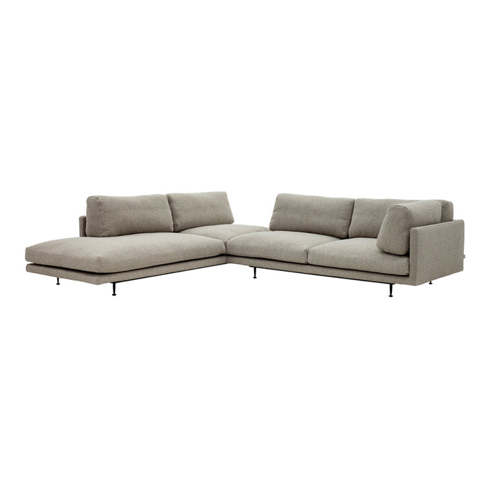 Light gray sectional sofa with clean lines and minimalistic design, featuring subtle textured fabric upholstery.