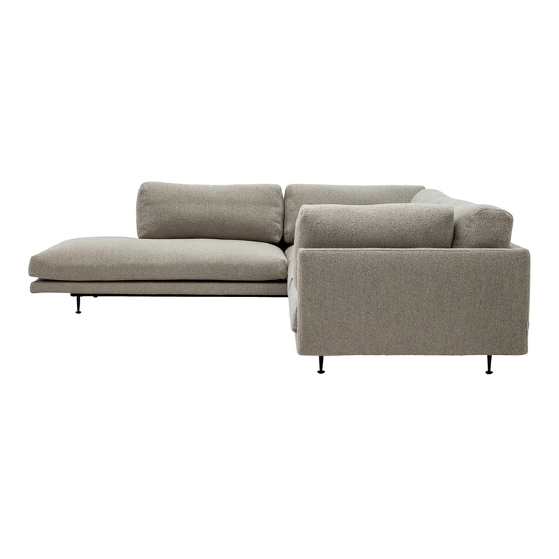 Light gray sectional sofa with a smooth, textured fabric and minimalist design, featuring clean lines and a modern look.