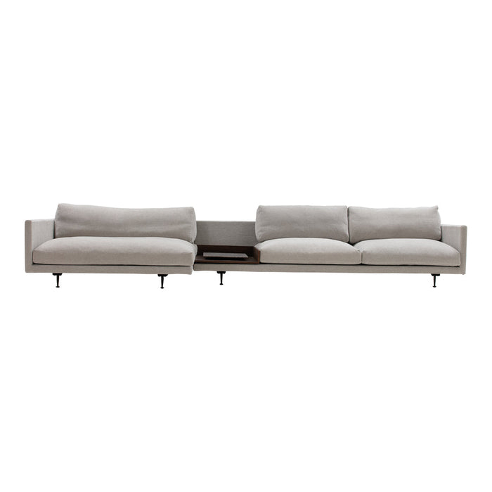 Light gray modular sofa with smooth fabric and sleek design, featuring a modern wood accent in the middle.