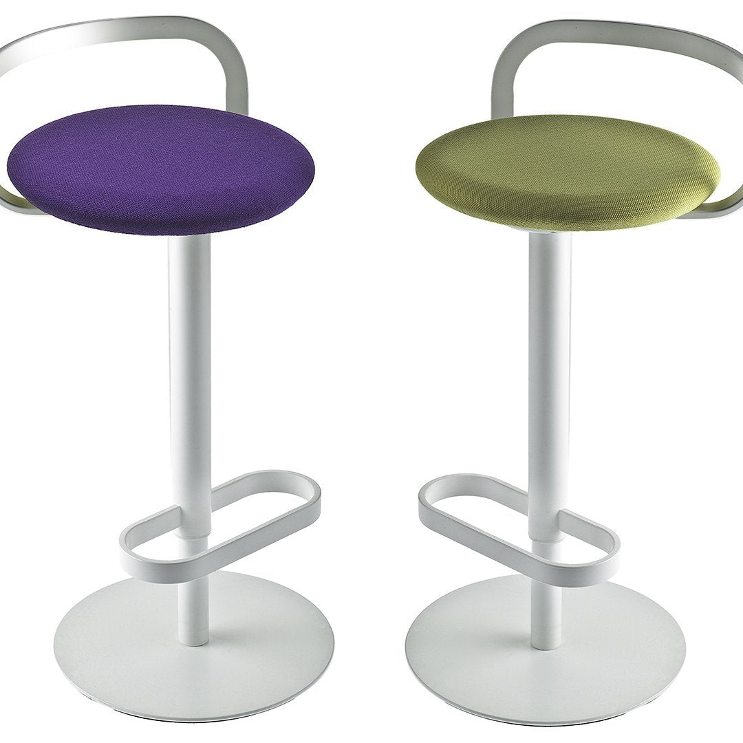 Pair of modern bar stools featuring a purple and green upholstered seat, with sleek white metal frames.