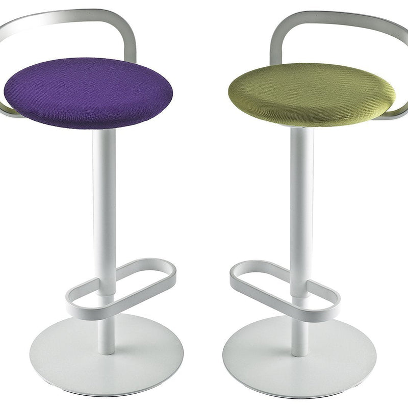 Pair of modern bar stools featuring a purple and green upholstered seat, with sleek white metal frames.