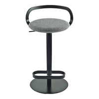 Gray fabric upholstered stool with a sleek black metal base and minimalist design. Perfect for modern spaces.