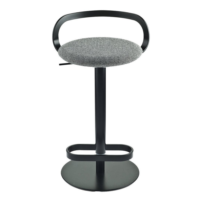 Gray fabric upholstered stool with a sleek black metal base and minimalist design. Perfect for modern spaces.