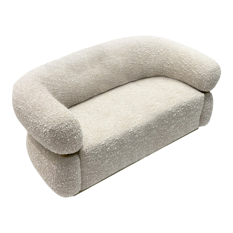 Cream-colored boucle sofa with a soft, textured finish and rounded arms, perfect for modern decor.