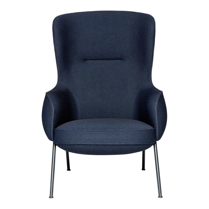 Navy blue upholstered armchair with a smooth texture and minimalist design, featuring sleek metal legs.