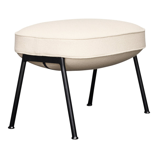 Cream-colored ottoman with a smooth, rounded cushion and sleek black metal legs. Perfect for any modern decor.