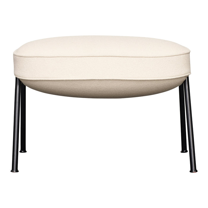 Cream-colored round ottoman with sleek black legs, perfect for modern decor. Simple and elegant design.