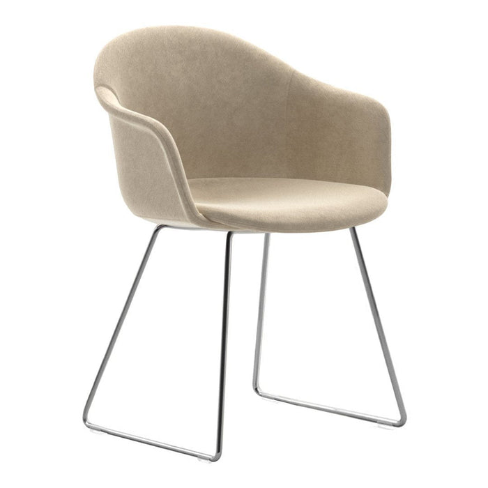 Beige upholstered chair with a minimalist design and sleek chrome legs, perfect for modern interiors.
