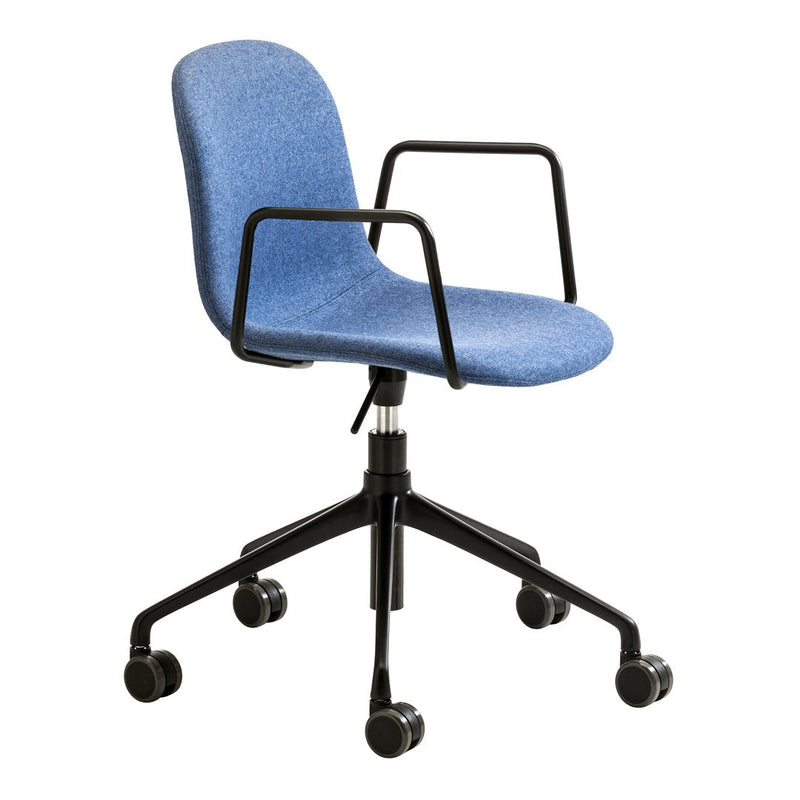 Blue fabric office chair with a simple design and black rolling base, featuring a smooth, modern finish.