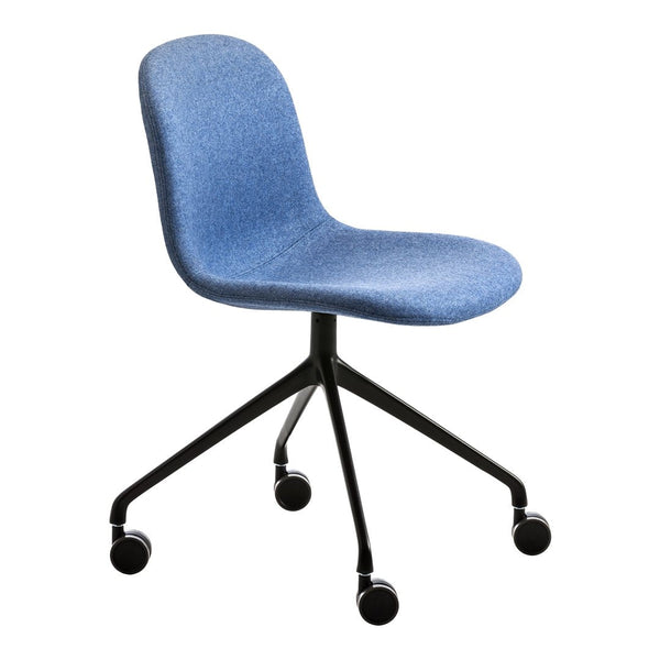 Blue upholstered chair with a textured finish on a black wheeled base, perfect for modern workspaces.
