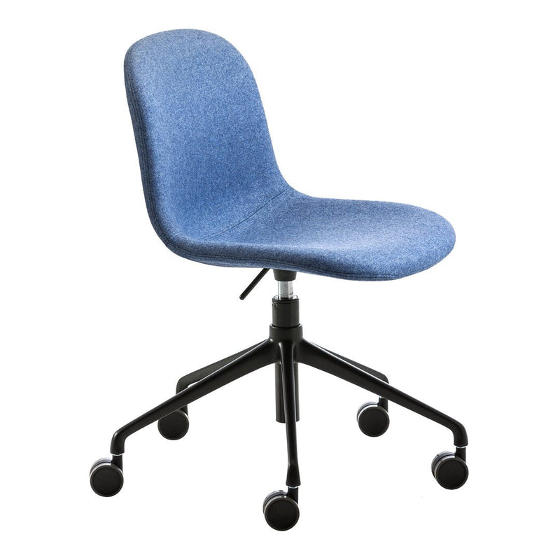 Blue upholstered office chair with a smooth fabric finish and a modern, minimalist design.