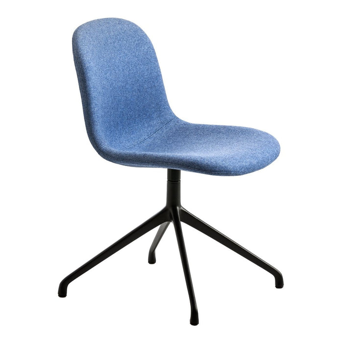 "Light blue upholstered chair with a sleek black base, featuring a smooth, modern design."