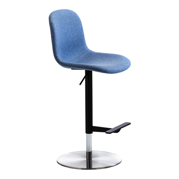 Blue upholstered bar stool with a smooth fabric finish and a sleek black and chrome base.