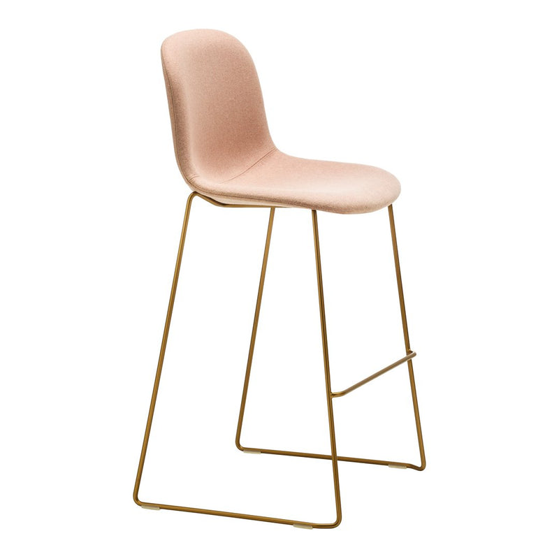 Blush pink upholstered bar stool with sleek gold metal legs, ideal for modern decor.