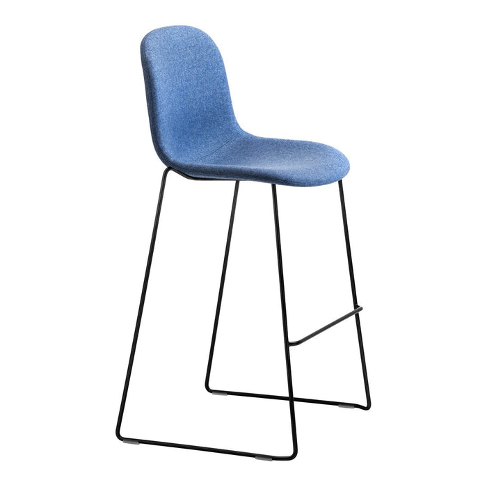 Blue upholstered bar stool with a smooth finish, featuring a sleek black metal frame. Modern and stylish design.