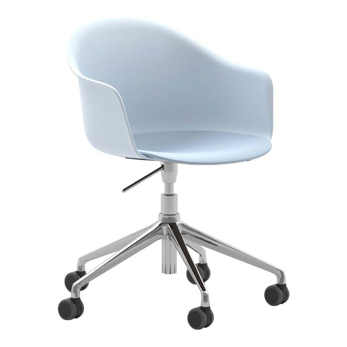 Light blue ergonomic office chair with a smooth, rounded design and a chrome base on black wheels.