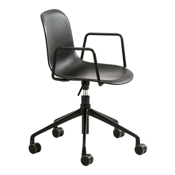 Black office chair with a minimalist design, featuring smooth curves and sleek lines, on a multi-directional base.