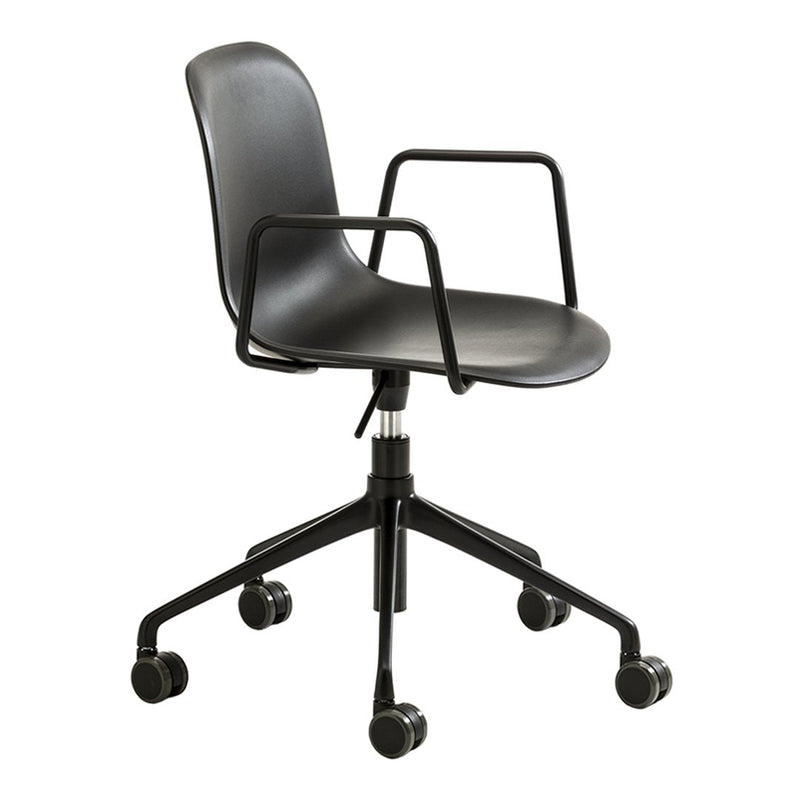 Black office chair with a minimalist design, featuring smooth curves and sleek lines, on a multi-directional base.