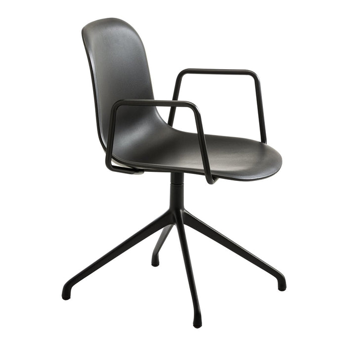 Black ergonomic chair with sleek design and smooth, non-patterned surface. Ideal for modern workspaces.