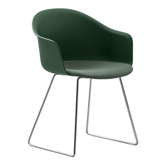 Modern green chair with a sleek design, featuring a smooth finish and minimalist metal legs. Perfect for any decor.