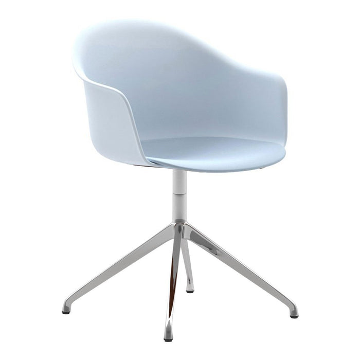 Light blue modern chair with a smooth, curved shell and sleek chrome base. Ideal for contemporary decor.