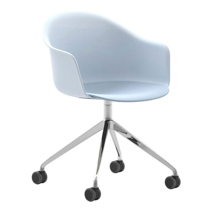 Light blue ergonomic chair with a sleek, minimalist design and chrome wheels, perfect for modern workspaces.
