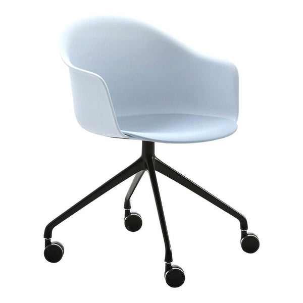 Light blue ergonomic chair with a sleek, modern design and black wheeled base. Perfect for stylish office decor.