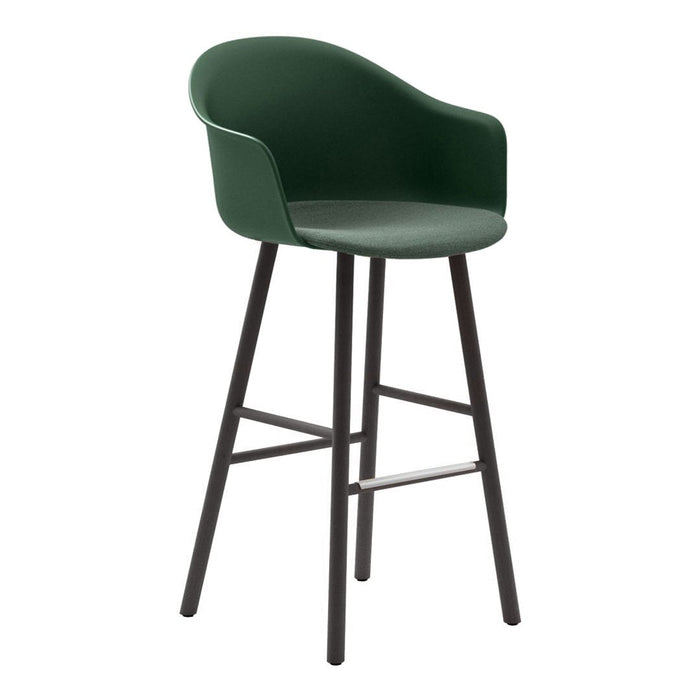 Green upholstered bar stool with a minimalist design and black wooden legs. Perfect for modern interiors.