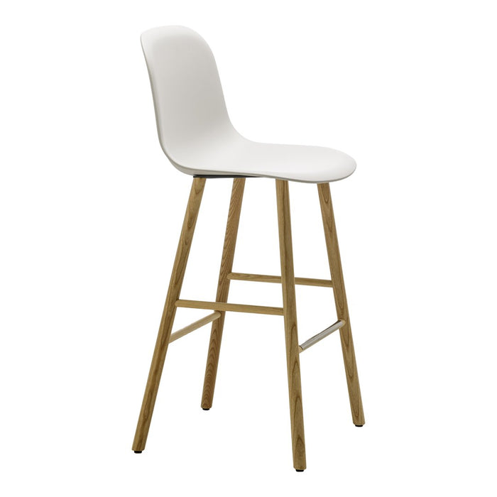 White bar stool with a smooth finish and a natural wood leg base, featuring a sleek, modern design.