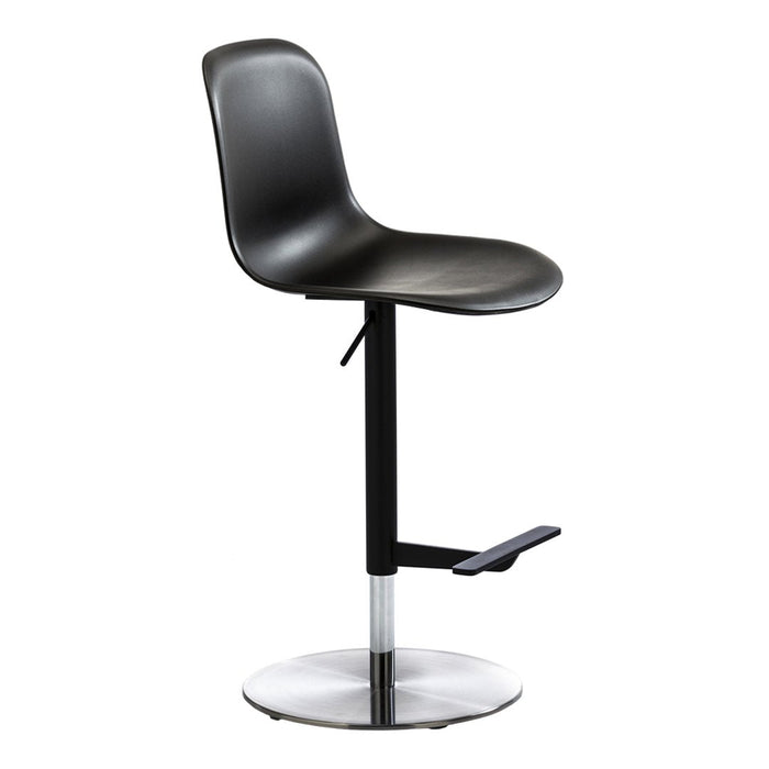 Black upholstered bar stool with sleek chrome base and minimalist design. Ideal for modern decor.