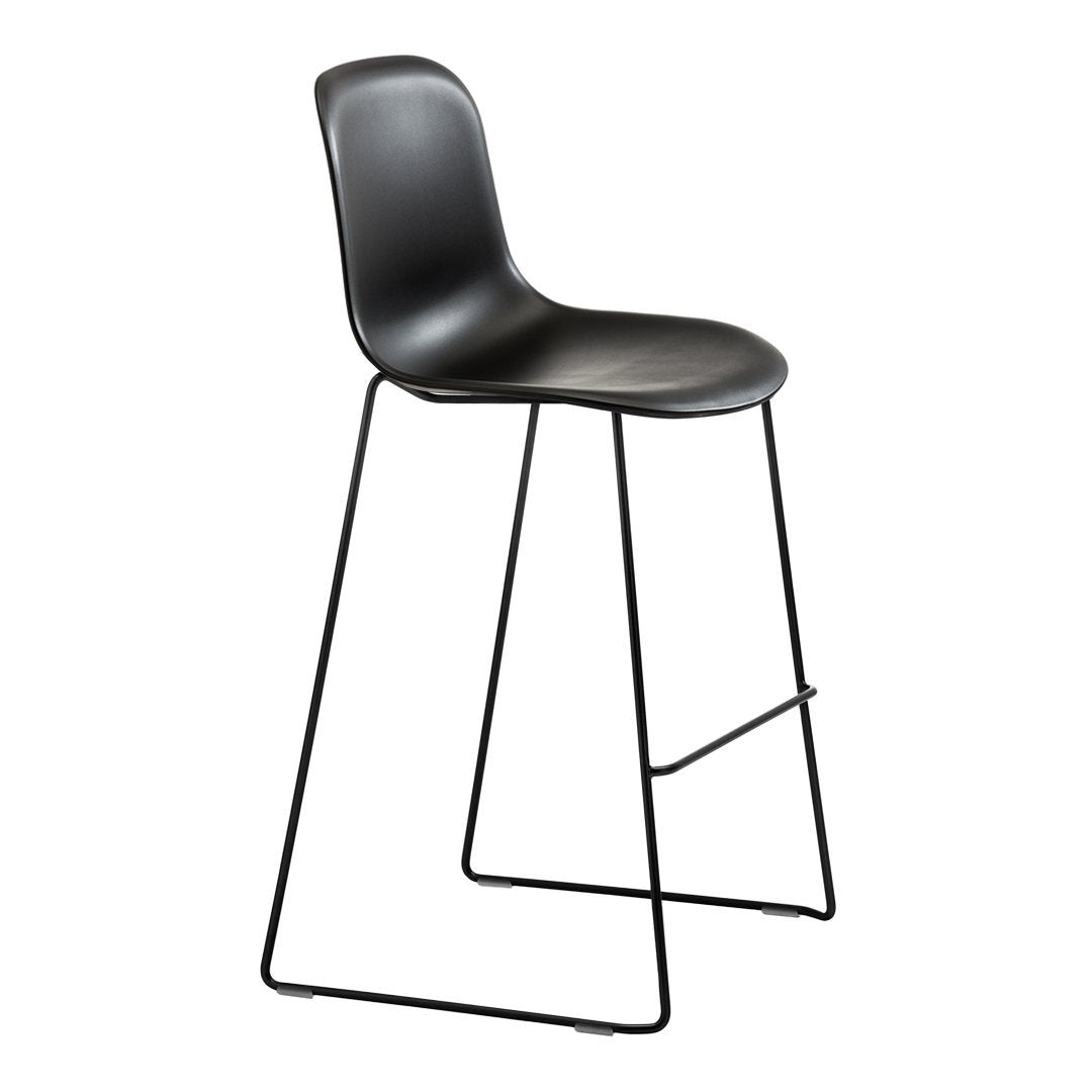 Black modern bar stool with a sleek design and minimalist black metal frame, perfect for contemporary decor.