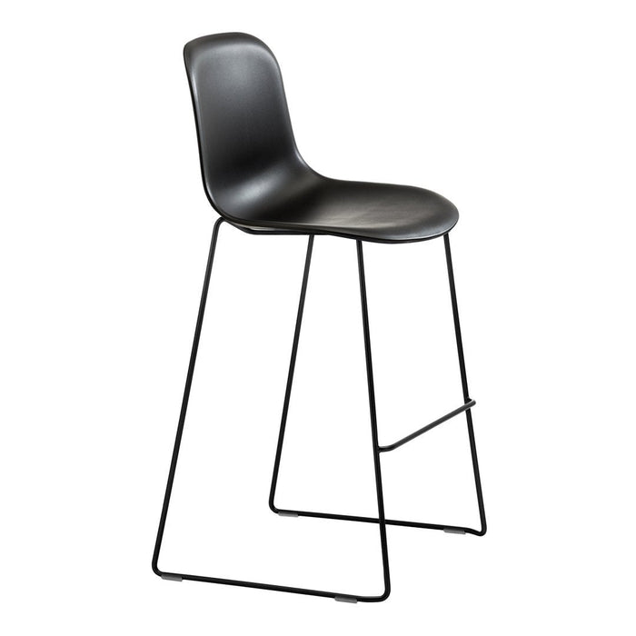 Black modern bar stool with a sleek design and minimalist black metal frame, perfect for contemporary decor.