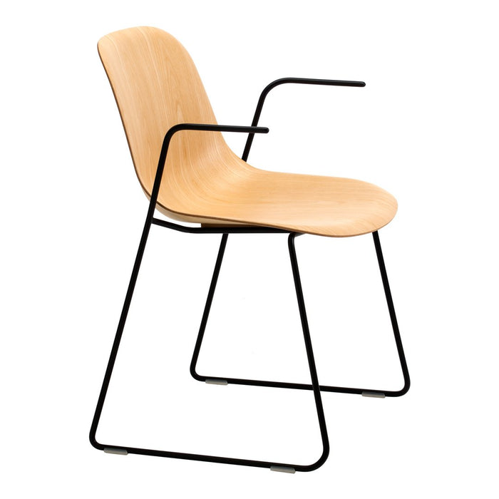 Natural wood finish with smooth contours and sleek black metal legs, perfect for modern decor.