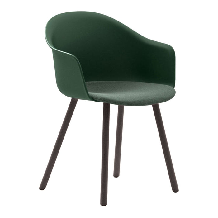 Green molded chair with dark wooden legs and a smooth, seamless design. Perfect for modern interiors.