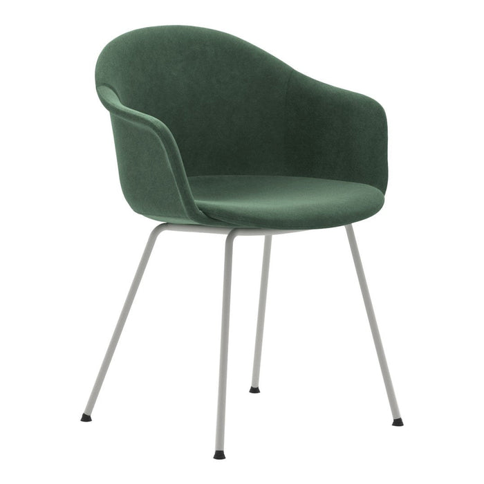 Green velvet armchair with a sleek silver frame, featuring a smooth, modern design. Perfect for contemporary decor.