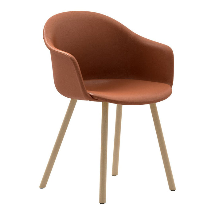 Terracotta modern chair with smooth curves and natural wood legs, adding warmth and style to any space.