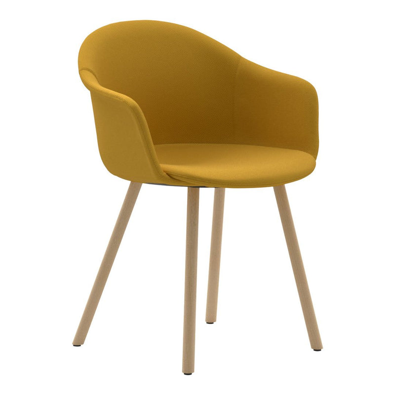 Yellow upholstered chair with a smooth, curved design and natural wood legs. Ideal for modern interiors.