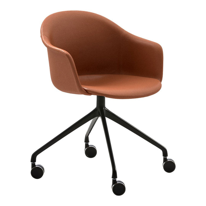 Stylish brown upholstered chair with a sleek black wheeled base, featuring a smooth, minimalist design.