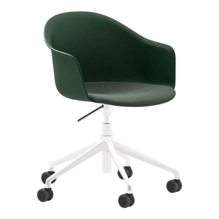 Green upholstered desk chair with a curved back and white metal base, featuring smooth wheels for easy mobility.