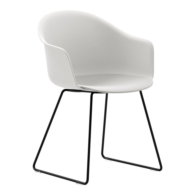 Sleek white chair with a curved design and black wire legs, perfect for modern decor.