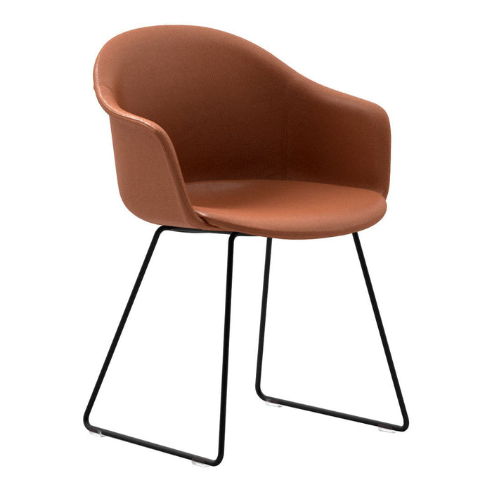 Modern brown armchair with smooth curves and a sleek black metal base. Ideal for stylish, contemporary decor.