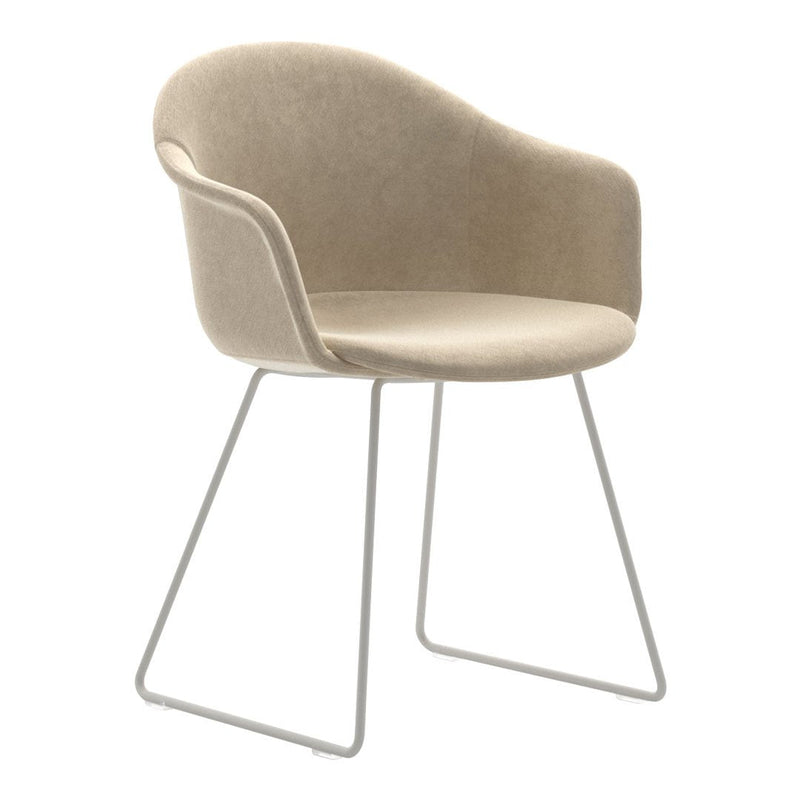 Beige upholstered chair with smooth, modern curves and minimalist white metal legs. Ideal for contemporary decor.