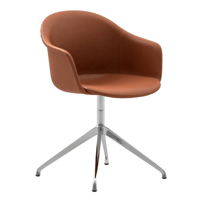 Swivel chair featuring a sleek, brown seat and chrome base, perfect for modern decor.